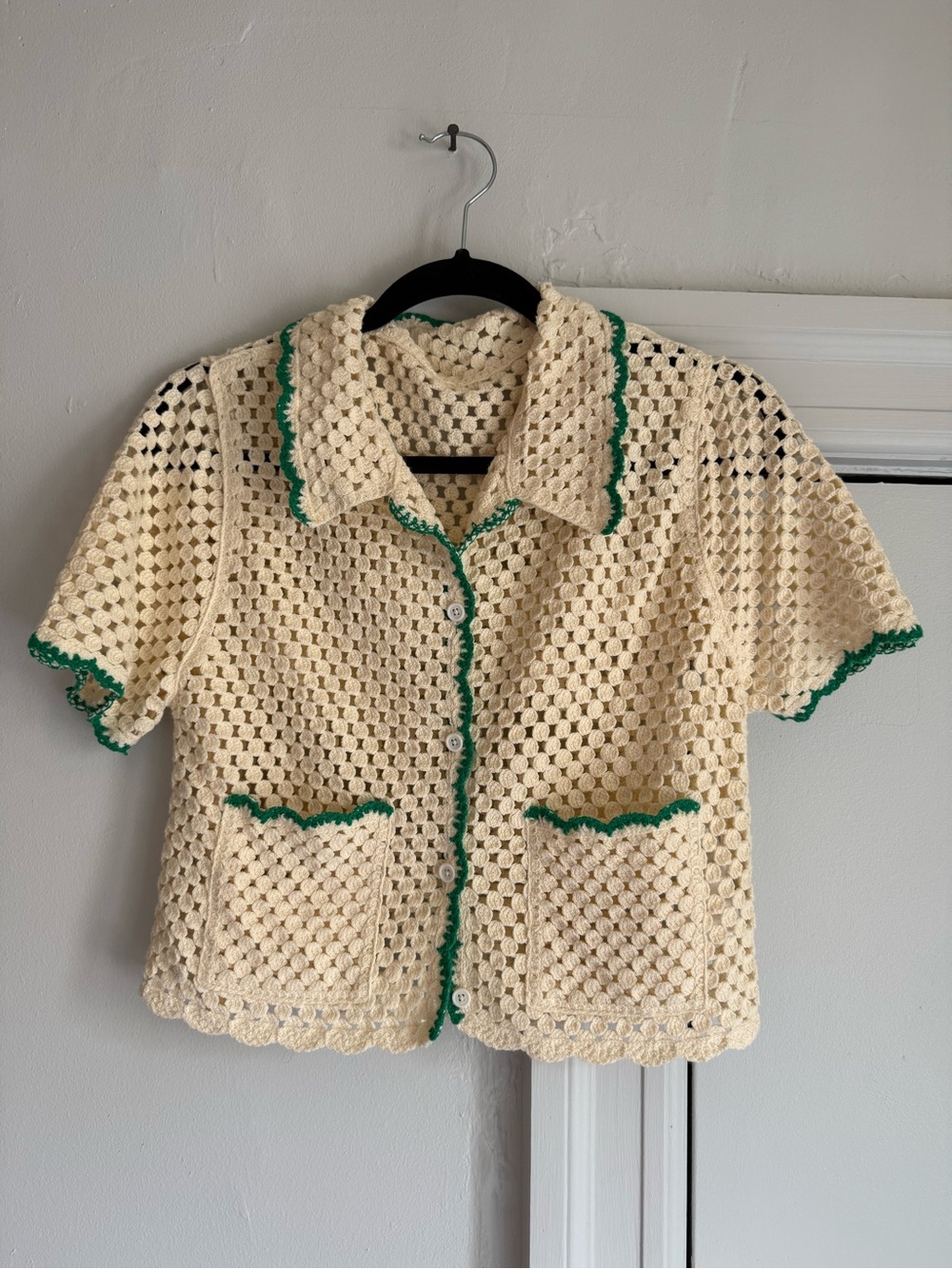 ASOS Cream Crochet Short Sleeve Cardigan with Green Trim